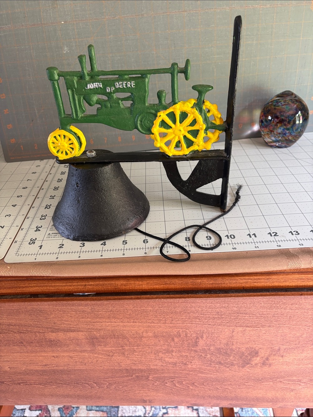 John Deere Green and Yellow Tractor Door Bell with Black Mount. Cast iron.